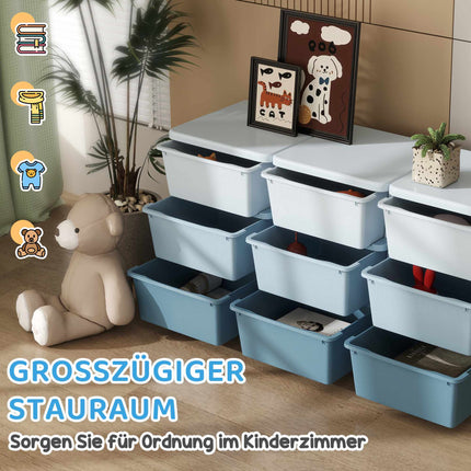 Boîte de rangement pour enfants, 9 tiroirs, bleue, en plastique