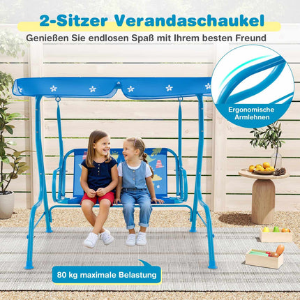 Balançoire pour enfants avec auvent réglable, structure en métal, bleue