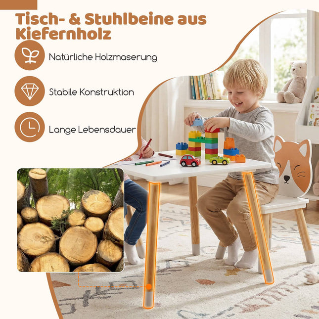 Ensemble table et 2 chaises pour enfants, blanc, pieds en pin