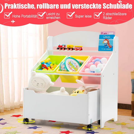 Kinder-Spielzeugregal mit Rollen, weißes MDF