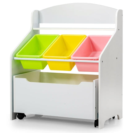 Kinder-Spielzeugregal mit Rollen, weißes MDF