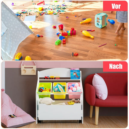 Kinder-Spielzeugregal mit Rollen, weißes MDF
