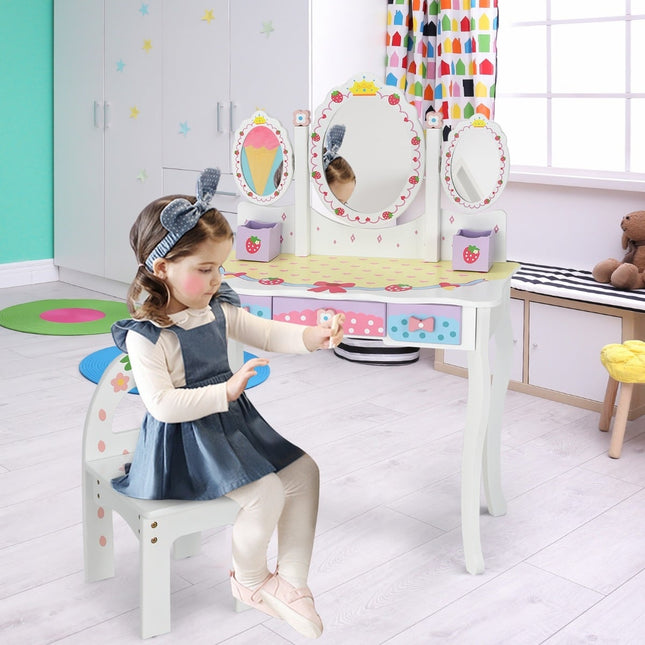 Ensemble coiffeuse enfant avec miroir pliant, blanc, MDF