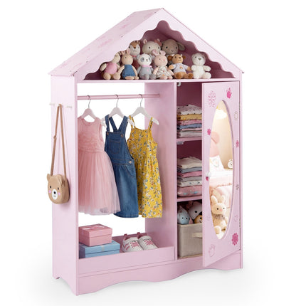 Armoire enfant avec miroir, rose et blanc, motif toit