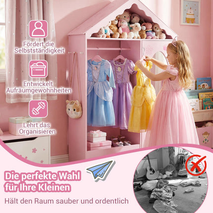 Armoire enfant avec miroir, rose et blanc, motif toit