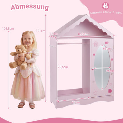 Armoire enfant avec miroir, rose et blanc, motif toit
