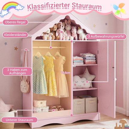 Armoire enfant avec miroir, rose et blanc, motif toit
