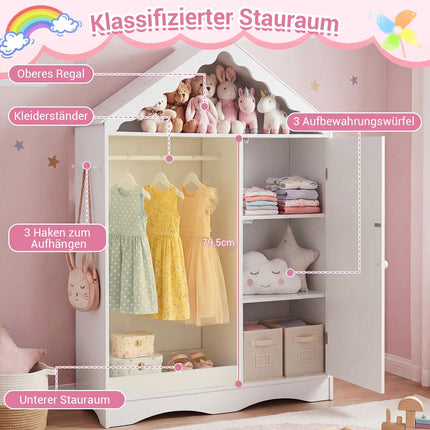 Armoire enfant avec miroir, motif toit, rose et blanc