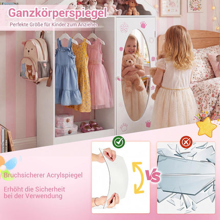 Armoire enfant avec miroir, motif toit, rose et blanc