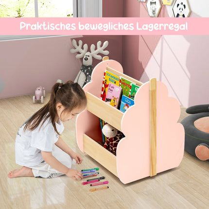Bibliothèque en bois pour enfants avec roulettes, 2 niveaux, rose