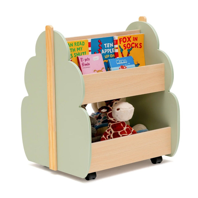 Bibliothèque en bois à roulettes pour enfants - 2 niveaux, verte