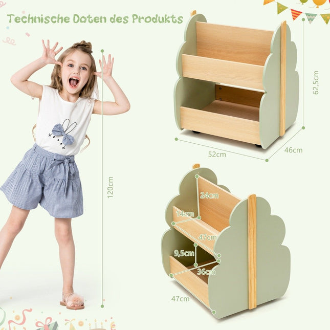 Bibliothèque en bois à roulettes pour enfants - 2 niveaux, verte