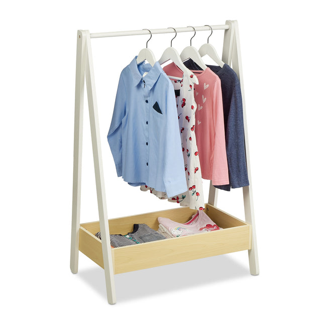 Portant à vêtements en bois pour enfants avec plateau de rangement