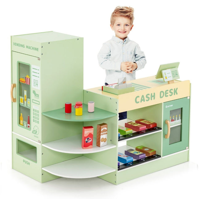 Magasin de jeux en bois pour enfants avec comptoir latéral, vert, 89 x 57 x 80 cm