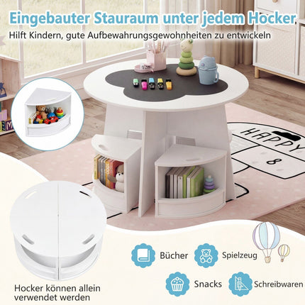 Ensemble table et tabourets de rangement en bois pour enfants, blanc