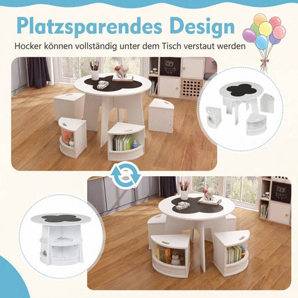 Ensemble table et tabourets de rangement en bois pour enfants, blanc