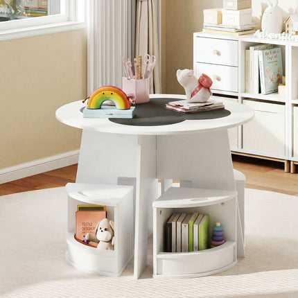 Ensemble table et tabourets de rangement en bois pour enfants, blanc