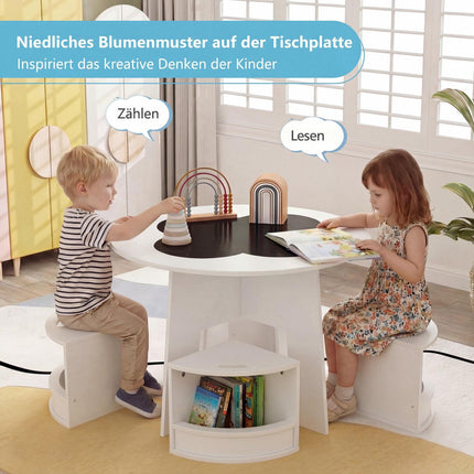 Ensemble table et tabourets de rangement en bois pour enfants, blanc