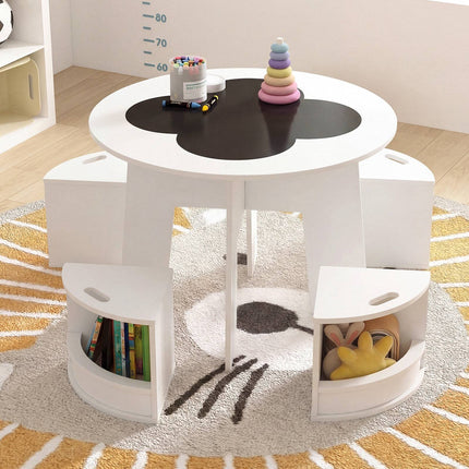 Ensemble table et tabourets de rangement en bois pour enfants, blanc