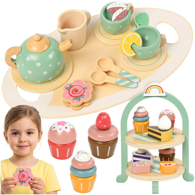Service à thé en bois pour enfants avec présentoir à gâteaux, 15 pièces