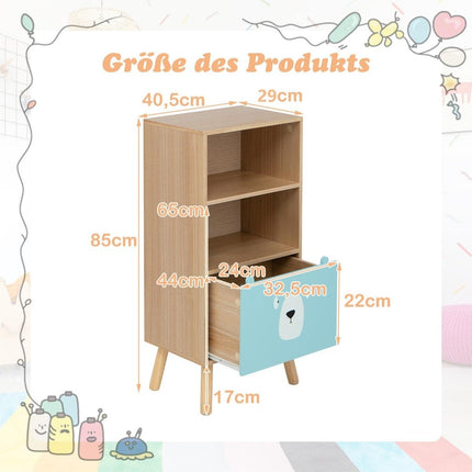 Bibliothèque pour enfants avec 3 niveaux & tiroir & 2 compartiments ouverts, étagère à jouets, étagère pour enfants, bleu