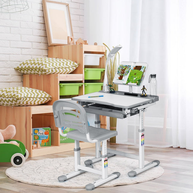 Bureau enfant, inclinable, bureau étudiant avec lampe et chaise, coloris au choix : gris