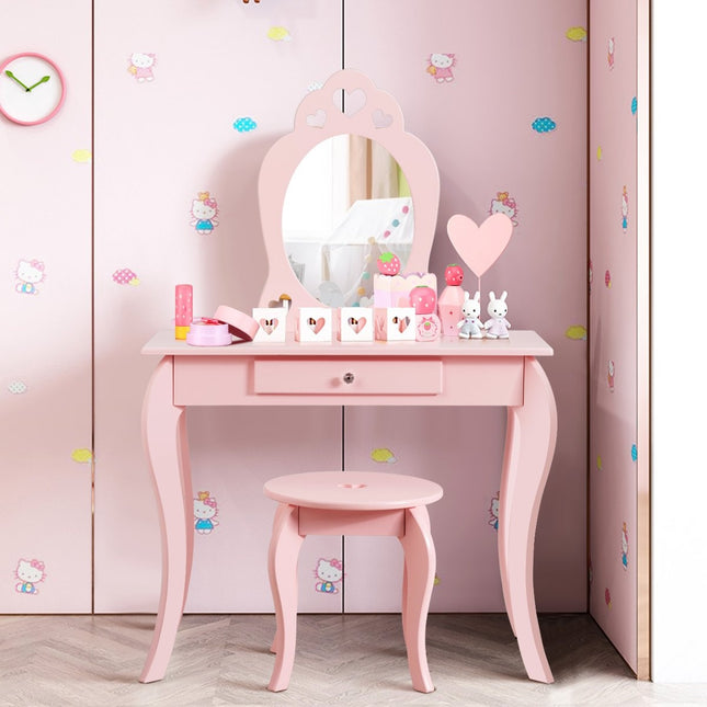 Coiffeuse enfant, coiffeuse, table de maquillage avec tabouret et miroir rose
