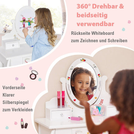 Kinder Schminktisch &amp; Hocker Set Frisiertisch mit 360° Drehspiegel Weiß