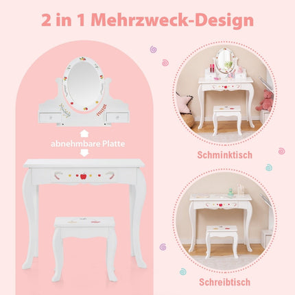 Kinder Schminktisch &amp; Hocker Set Frisiertisch mit 360° Drehspiegel Weiß