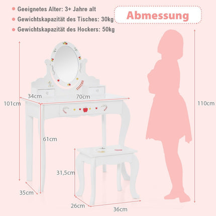 Kinder Schminktisch &amp; Hocker Set Frisiertisch mit 360° Drehspiegel Weiß