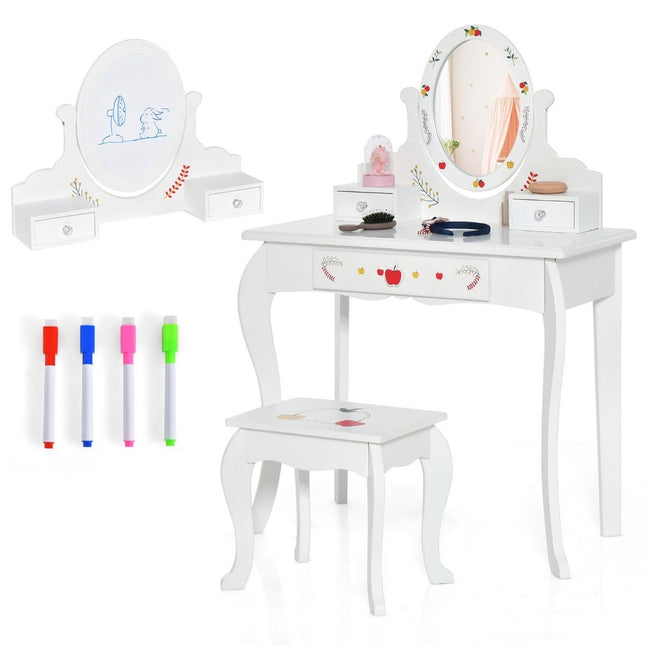 Ensemble coiffeuse & tabouret enfant coiffeuse avec miroir rotatif à 360° blanc