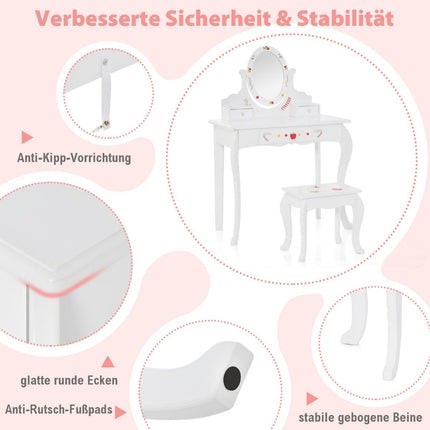 Kinder Schminktisch &amp; Hocker Set Frisiertisch mit 360° Drehspiegel Weiß