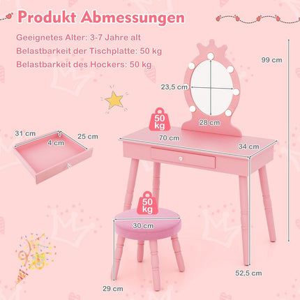 Coiffeuse enfant avec éclairage Coiffeuse 2 en 1 princesse avec miroir amovible rose