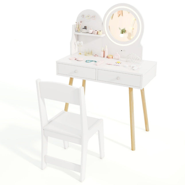 Kinderschminktisch mit Beleuchtung 2 in 1 Schminktisch mit Spiegel weiß
