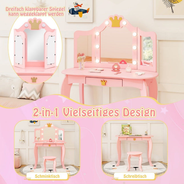 Coiffeuse enfant avec éclairage, coiffeuse fille avec miroir triple rabattable, rose