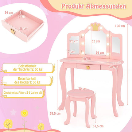 Coiffeuse enfant avec éclairage, coiffeuse fille avec miroir triple rabattable, rose