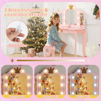 Coiffeuse enfant avec éclairage, coiffeuse fille avec miroir triple rabattable, rose