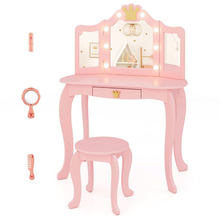 Coiffeuse enfant avec éclairage, coiffeuse fille avec miroir triple rabattable, rose