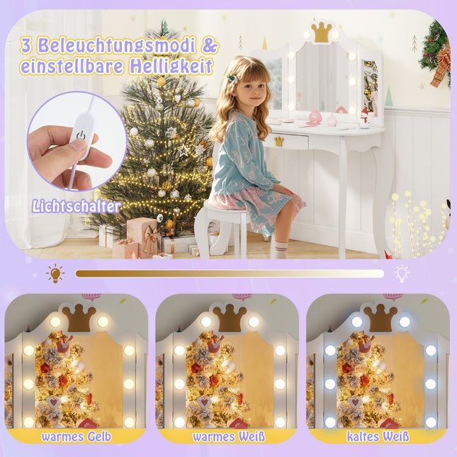 Coiffeuse enfant avec éclairage, coiffeuse fille avec miroir triple rabattable, blanche