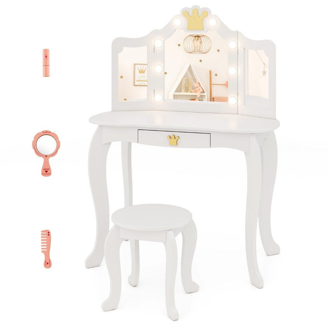 Coiffeuse enfant avec éclairage, coiffeuse fille avec miroir triple rabattable, blanche