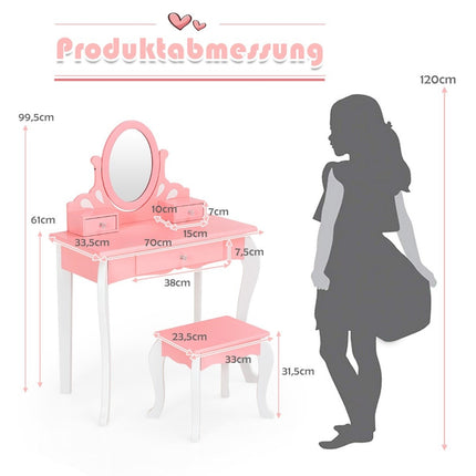 Coiffeuse enfant avec tabouret Coiffeuse princesse avec 3 tiroirs & miroir rose