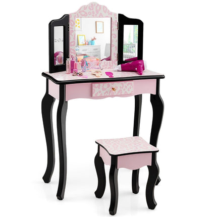 Coiffeuse enfant avec tabouret & miroir pliant & tiroir léopard