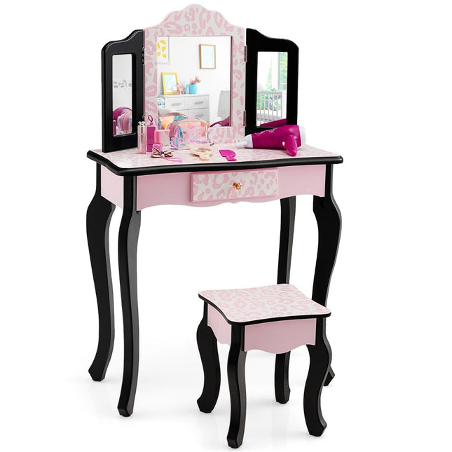 Coiffeuse enfant avec tabouret & miroir pliant & tiroir léopard
