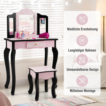 Coiffeuse enfant avec tabouret & miroir pliant & tiroir léopard