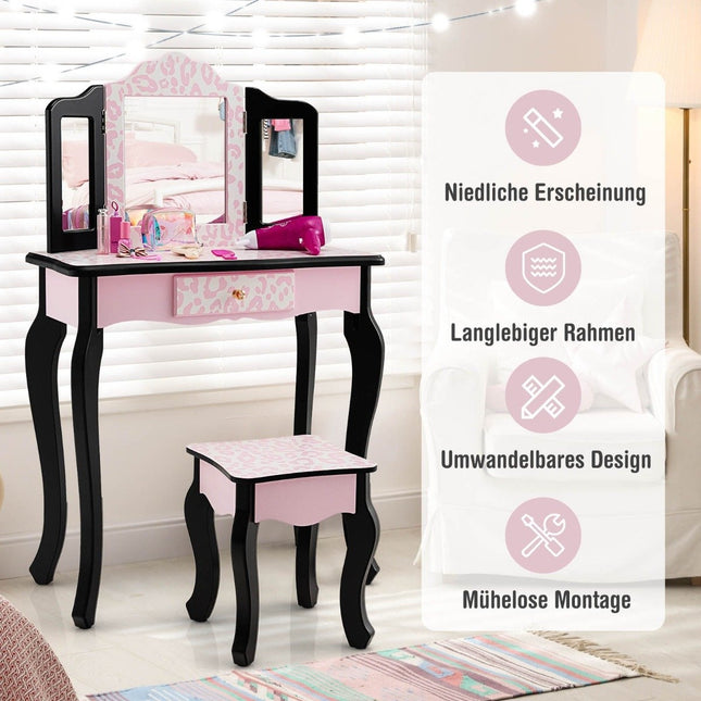 Coiffeuse enfant avec tabouret & miroir pliant & tiroir léopard