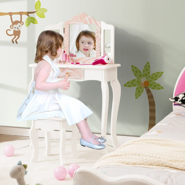 Coiffeuse enfant avec tabouret & miroir triple rabattable & tiroir Zebra