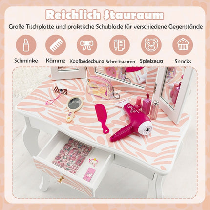 Kinderschminktisch mit Hocker &amp; 3-fach Klappspiegel &amp; Schublade Zebra