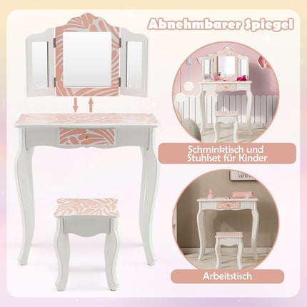 Kinderschminktisch mit Hocker &amp; 3-fach Klappspiegel &amp; Schublade Zebra