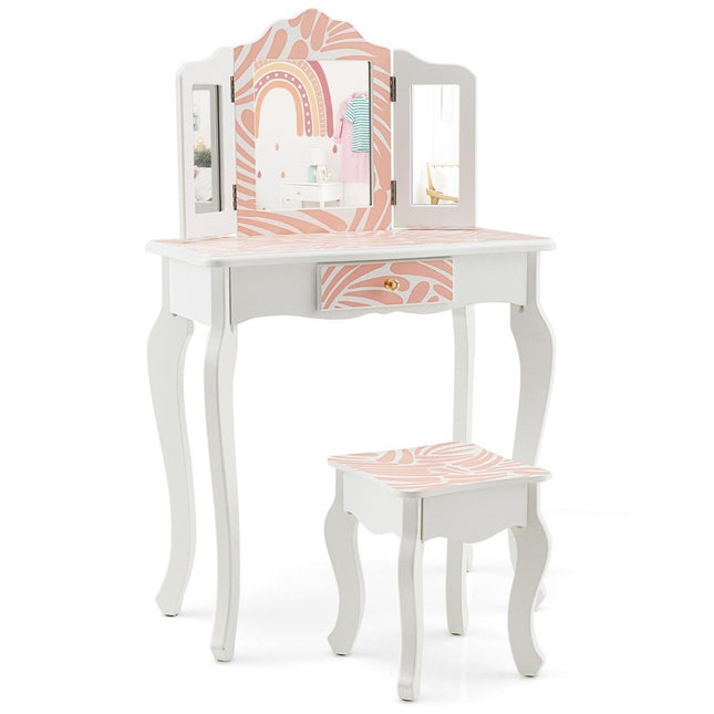 Coiffeuse enfant avec tabouret & miroir triple rabattable & tiroir Zebra
