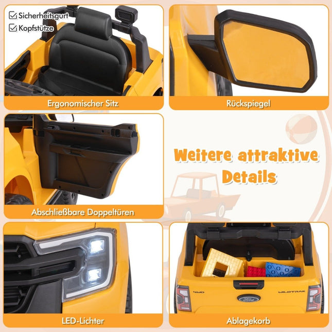 Voiture électrique pour enfants Ford 12V voiture pour enfants électrique avec télécommande & panier de rangement & USB & musique jaune